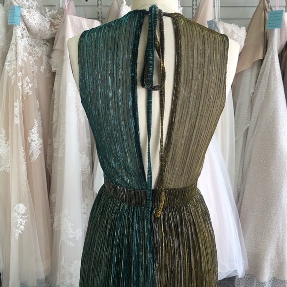 Metallic Turquoise and Gold Plunging Neckline Gown - Picture 7 of 8